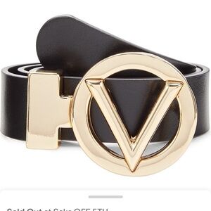 Valentino Black Leather Belt with Gold V Circle Buckle